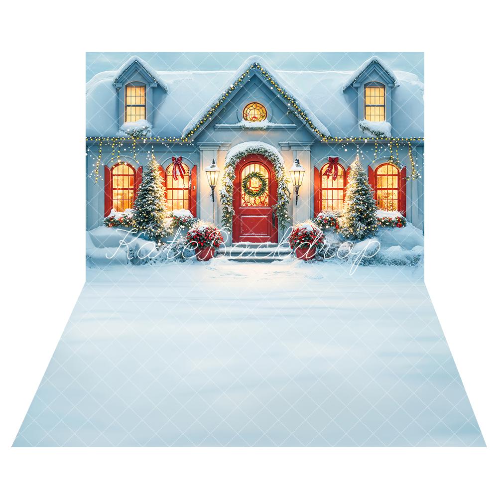 Kate Christmas Snow White House Backdrop+ White Snow Floor Backdrop - Kate Backdrop AU