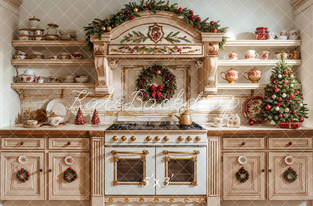 Kate Christmas Kitchen Apricot Cabinet Dishes Backdrop Designed by Emetselch - Kate Backdrop AU