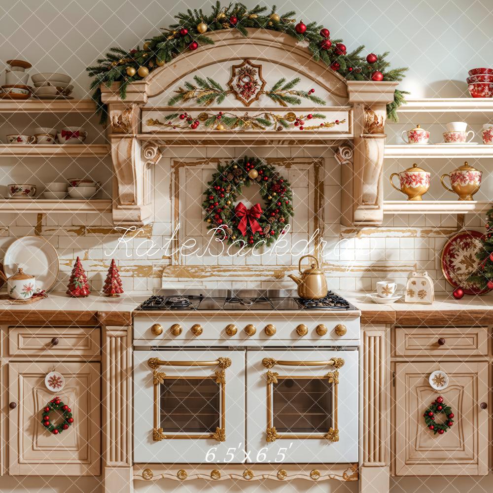 Kate Christmas Kitchen Apricot Cabinet Dishes Backdrop Designed by Emetselch - Kate Backdrop AU