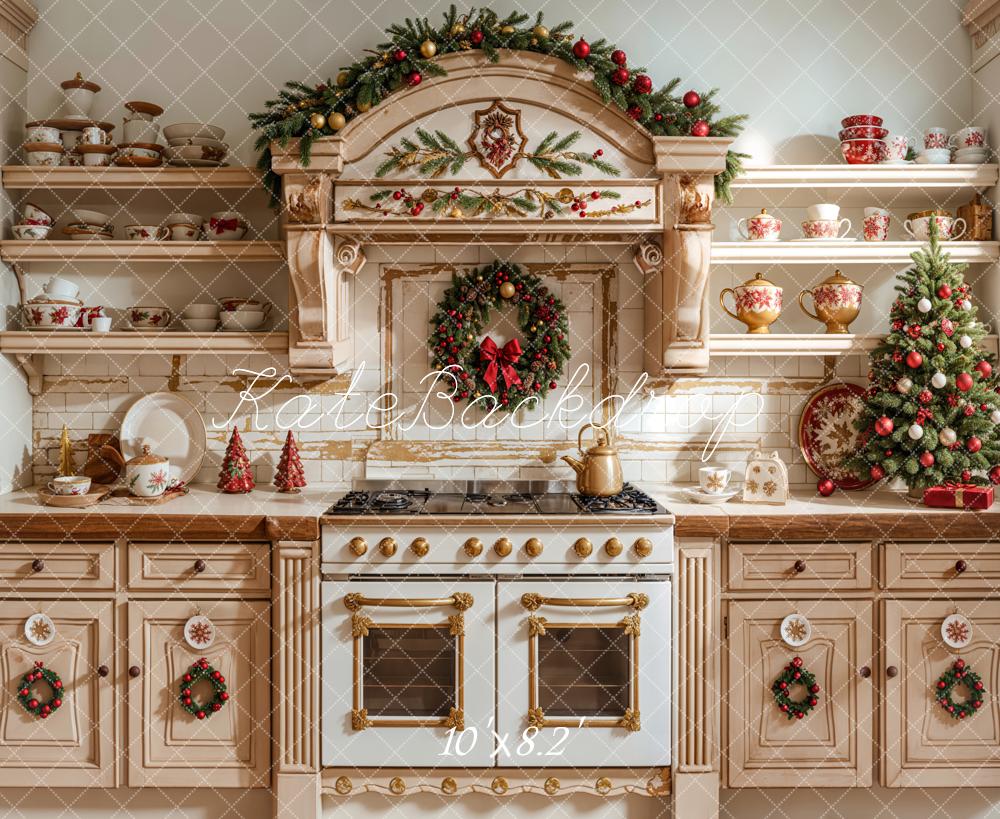 Kate Christmas Kitchen Apricot Cabinet Dishes Backdrop Designed by Emetselch - Kate Backdrop AU