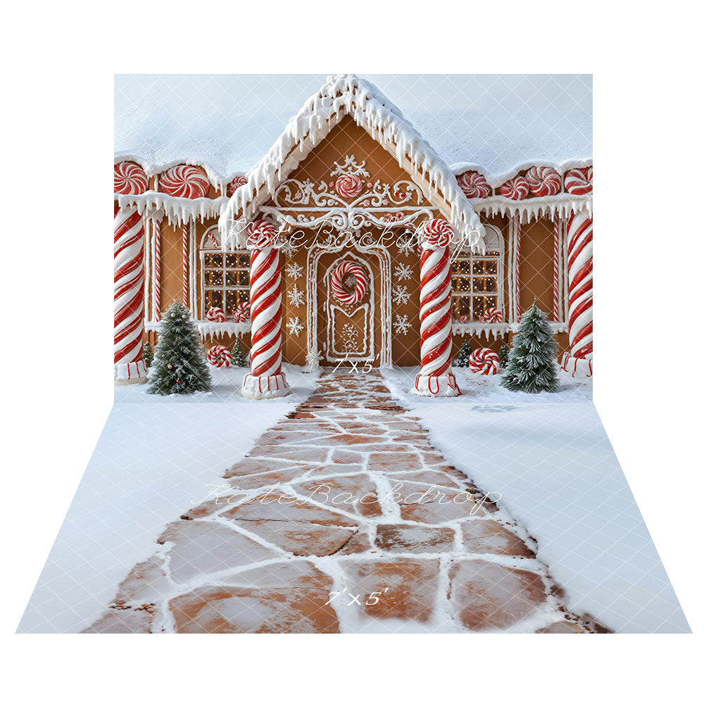 Kate Christmas Gingerbread House Snow Backdrop+Snow Stone Road Floor Backdrop - Kate Backdrop AU