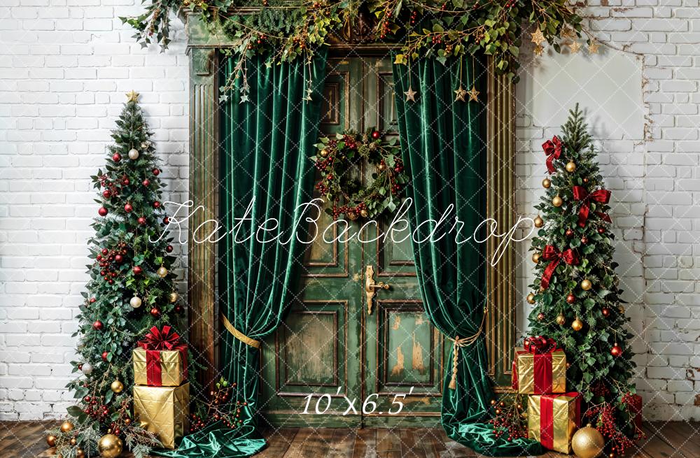 Kate Christmas Tree Backdrop Green Curtains Door White Wall Designed by Emetselch - Kate Backdrop AU