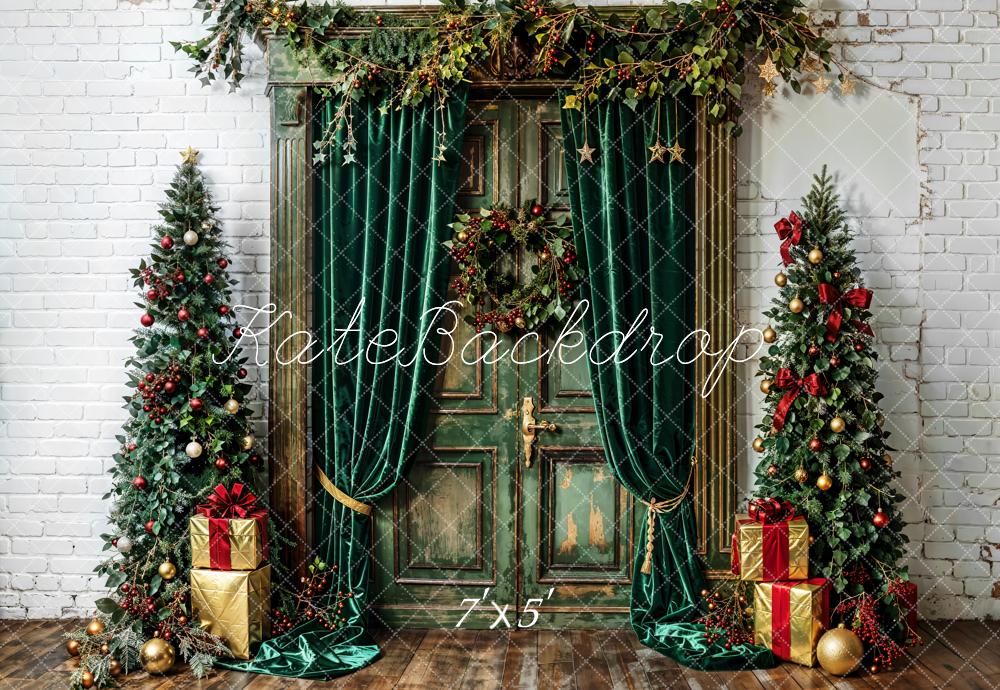 Kate Christmas Tree Backdrop Green Curtains Door White Wall Designed by Emetselch - Kate Backdrop AU
