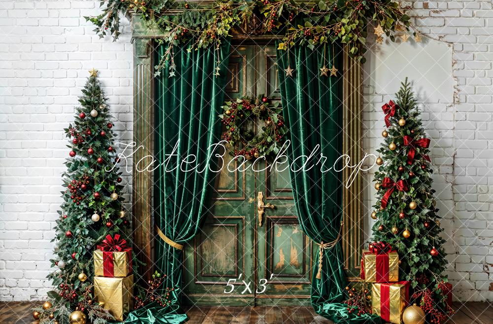 Kate Christmas Tree Backdrop Green Curtains Door White Wall Designed by Emetselch - Kate Backdrop AU