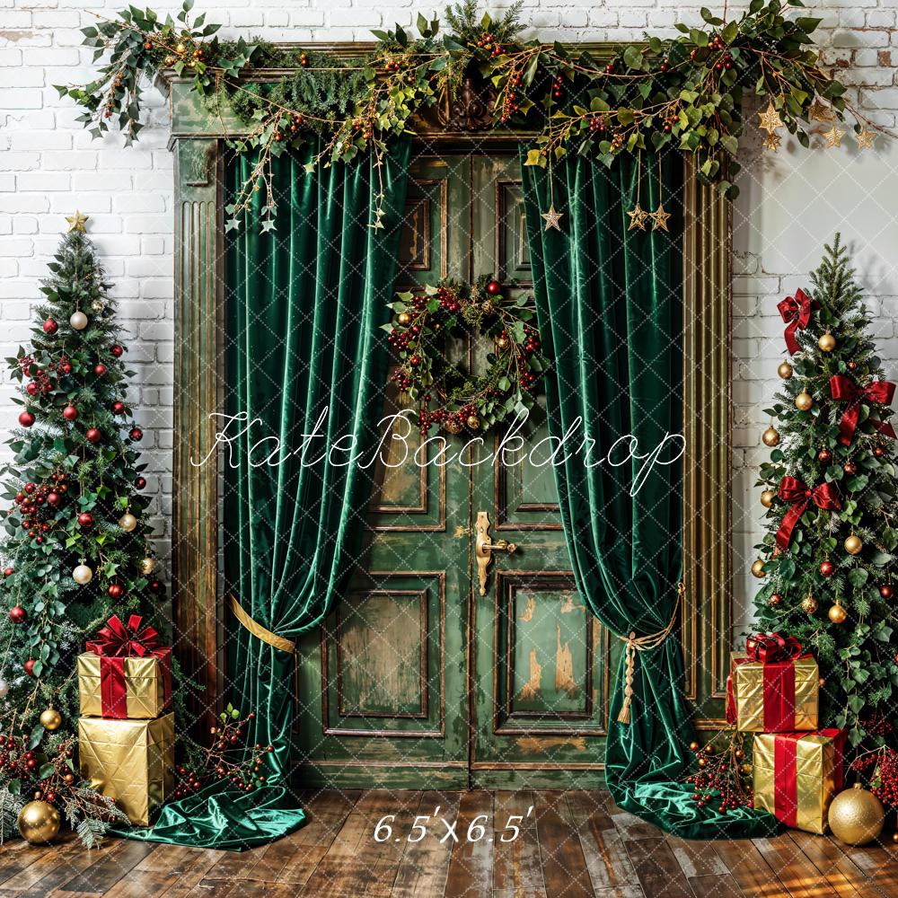 Kate Christmas Tree Backdrop Green Curtains Door White Wall Designed by Emetselch - Kate Backdrop AU