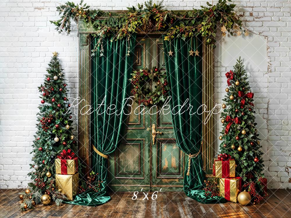 Kate Christmas Tree Backdrop Green Curtains Door White Wall Designed by Emetselch - Kate Backdrop AU