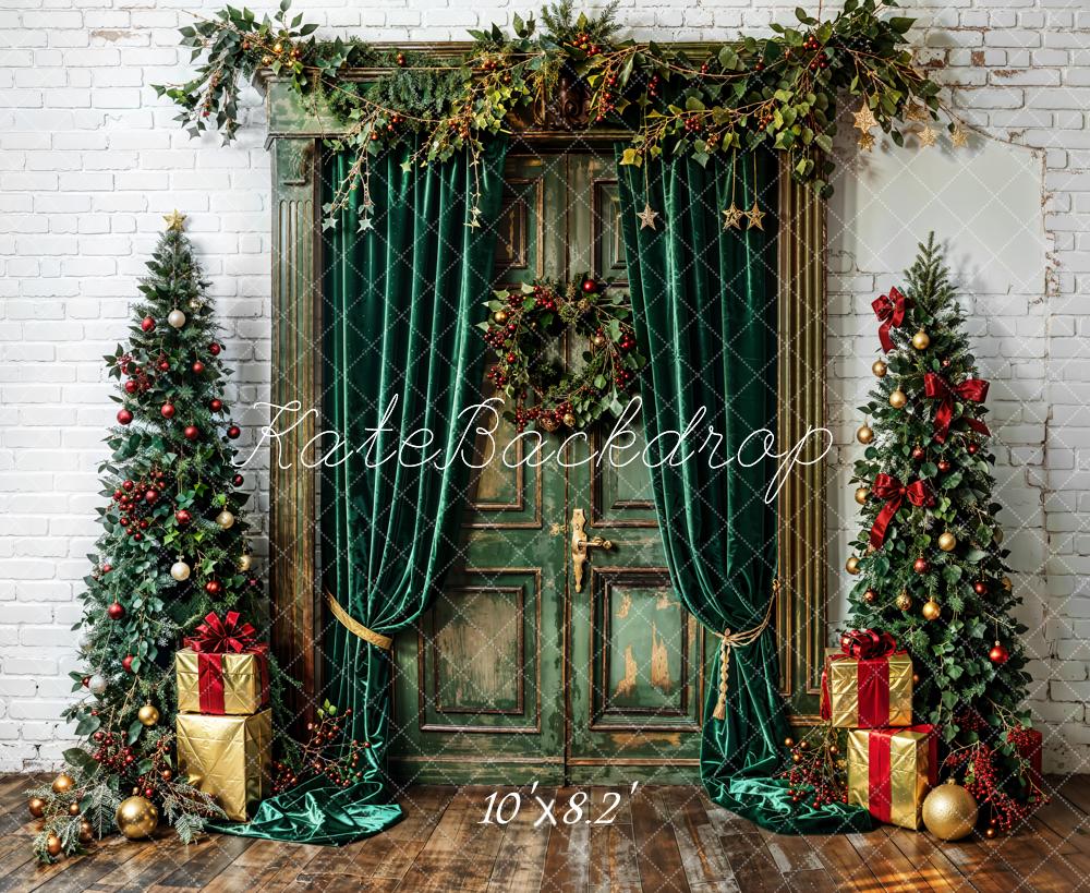 Kate Christmas Tree Backdrop Green Curtains Door White Wall Designed by Emetselch - Kate Backdrop AU