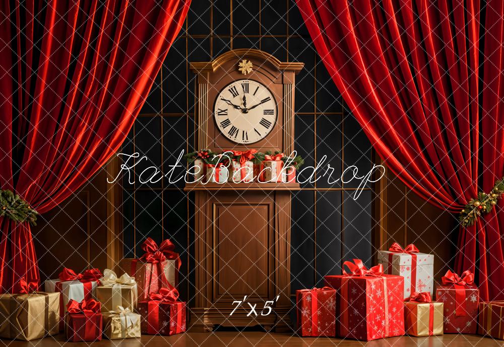 Kate Christmas Clock Red Curtains Backdrop Designed by Emetselch - Kate Backdrop AU