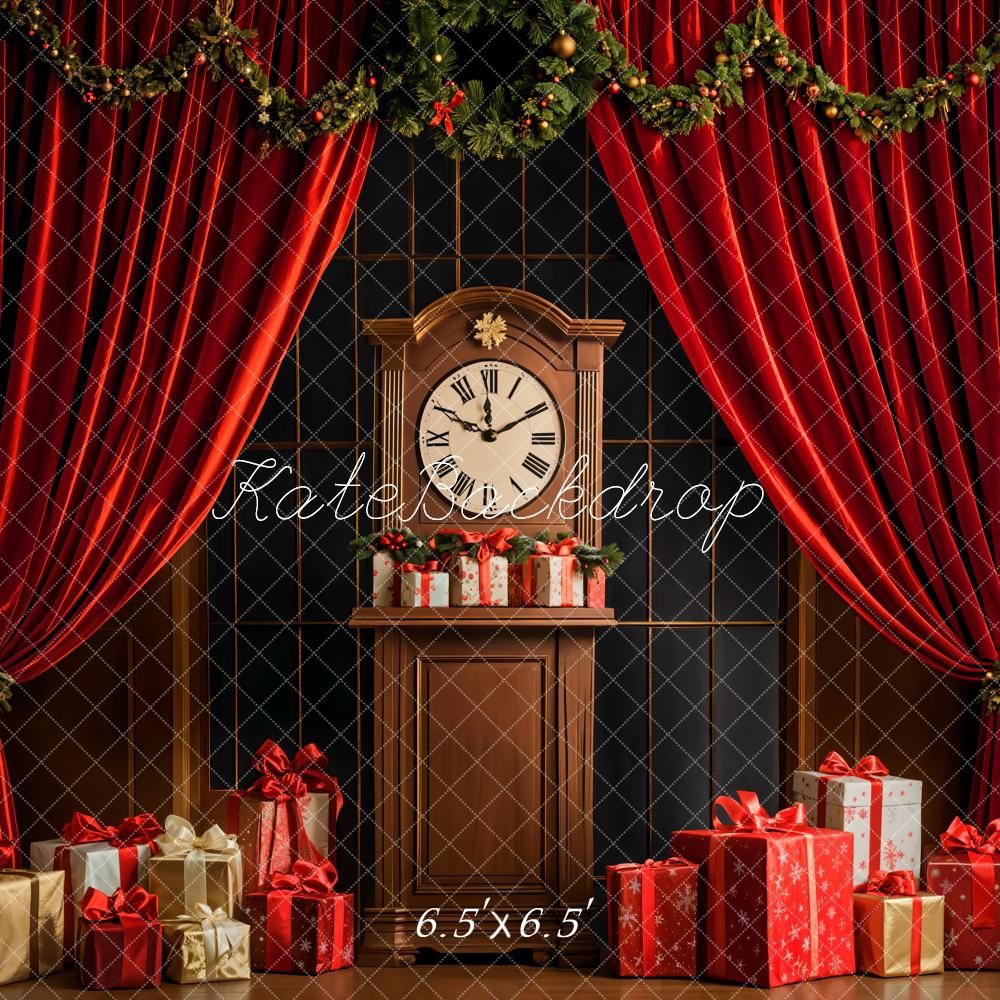Kate Christmas Clock Red Curtains Backdrop Designed by Emetselch - Kate Backdrop AU