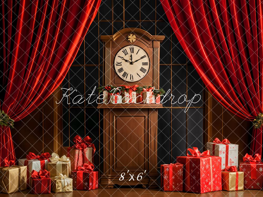 Kate Christmas Clock Red Curtains Backdrop Designed by Emetselch - Kate Backdrop AU