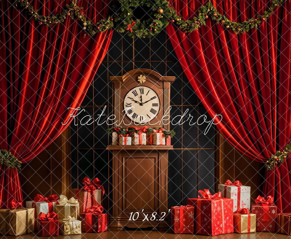 Kate Christmas Clock Red Curtains Backdrop Designed by Emetselch - Kate Backdrop AU