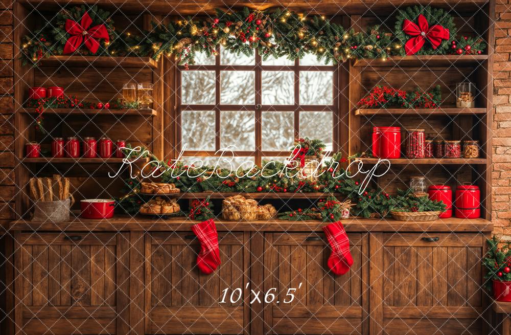 Kate Christmas Kitchen Backdrop Brown Wooden Cabinets Red Stocking Designed by Emetselch - Kate Backdrop AU