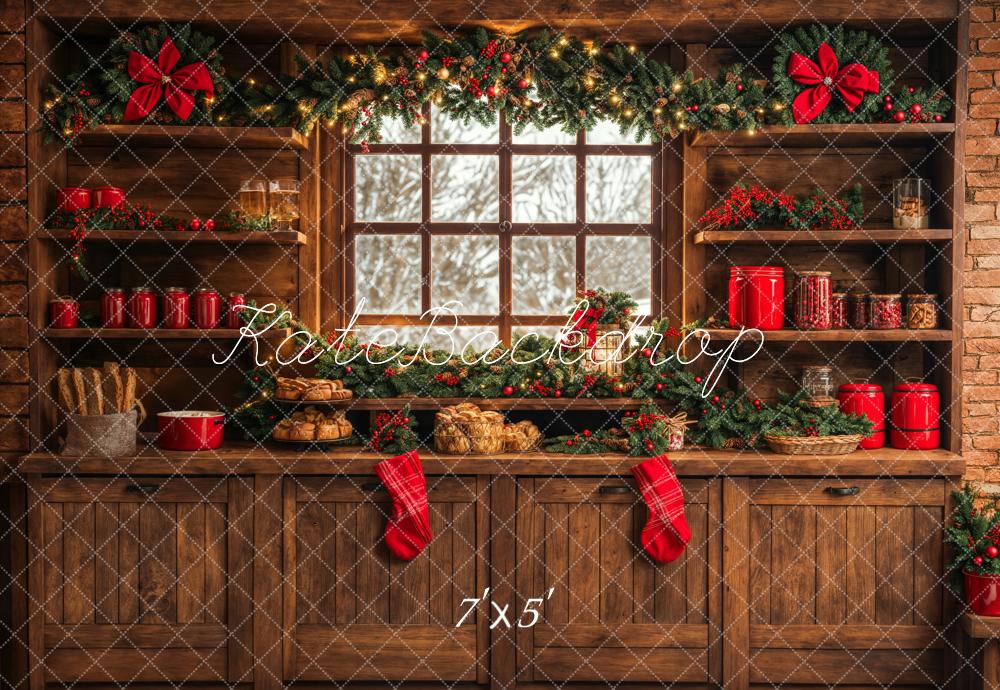 Kate Christmas Kitchen Backdrop Brown Wooden Cabinets Red Stocking Designed by Emetselch - Kate Backdrop AU