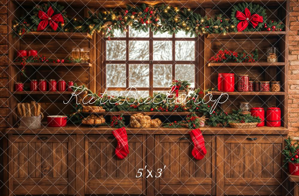 Kate Christmas Kitchen Backdrop Brown Wooden Cabinets Red Stocking Designed by Emetselch - Kate Backdrop AU