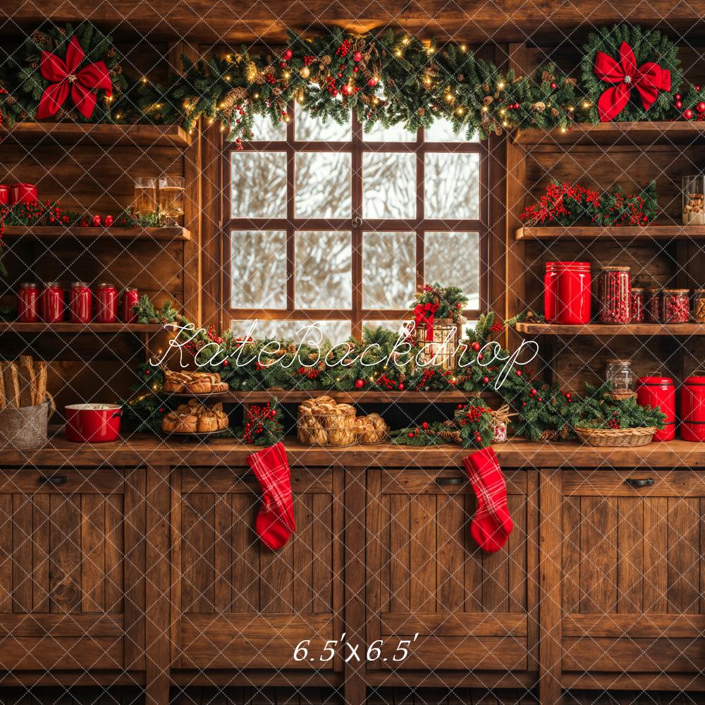 Kate Christmas Kitchen Backdrop Brown Wooden Cabinets Red Stocking Designed by Emetselch - Kate Backdrop AU