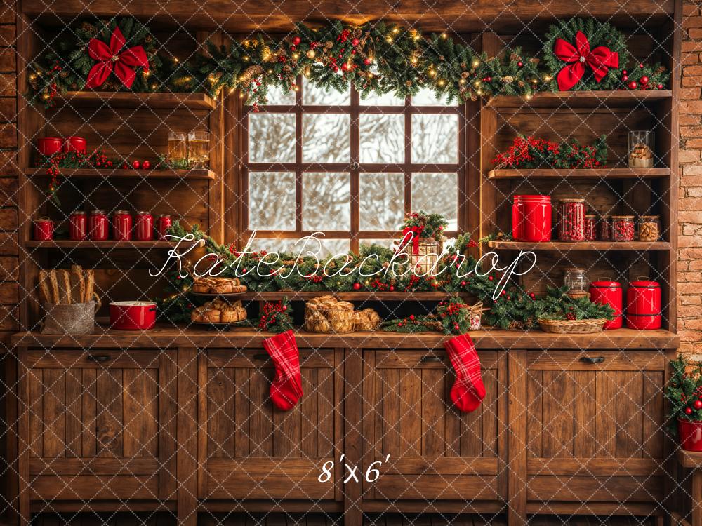 Kate Christmas Kitchen Backdrop Brown Wooden Cabinets Red Stocking Designed by Emetselch - Kate Backdrop AU