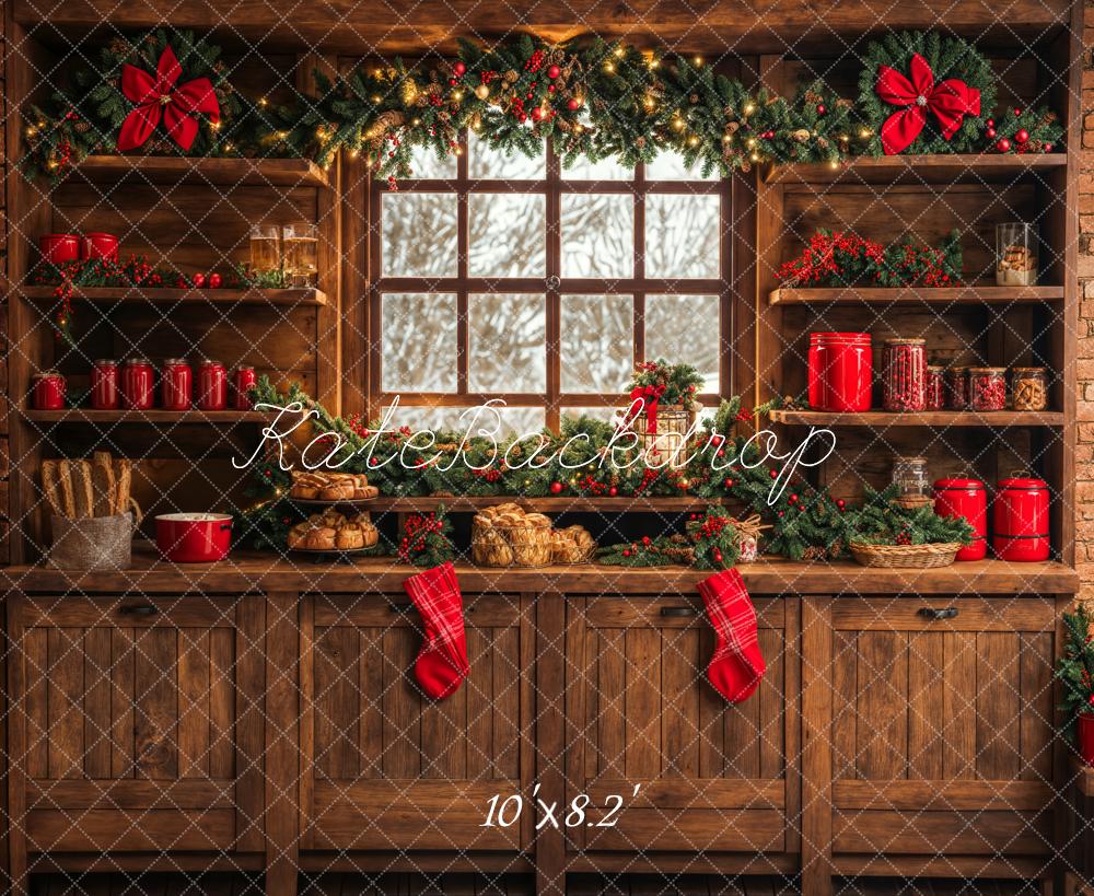 Kate Christmas Kitchen Backdrop Brown Wooden Cabinets Red Stocking Designed by Emetselch - Kate Backdrop AU