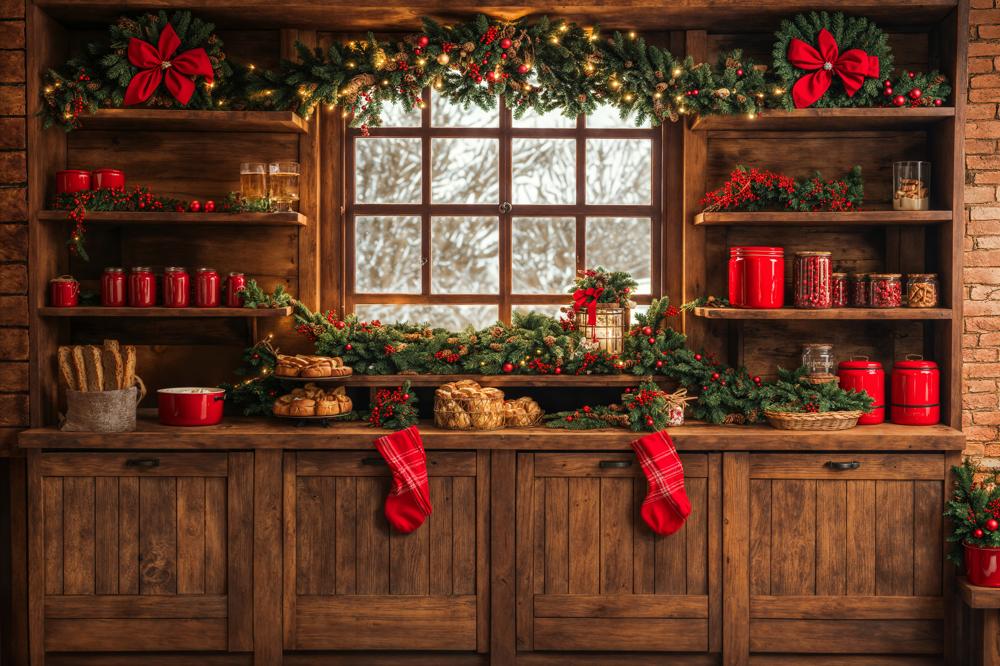 Kate Christmas Kitchen Backdrop Brown Wooden Cabinets Red Stocking Designed by Emetselch - Kate Backdrop AU