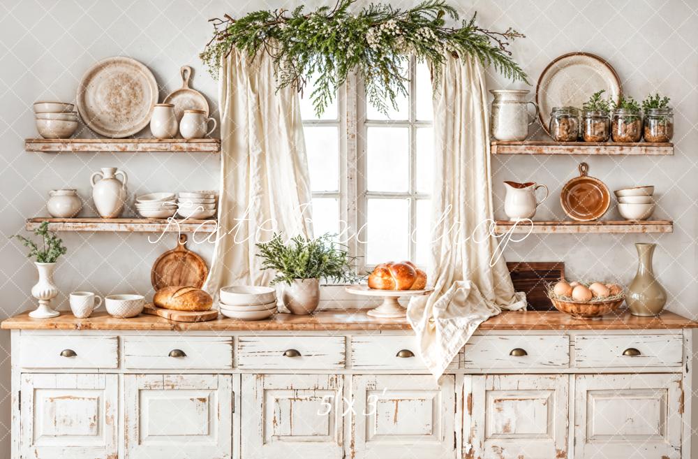 Kate Christmas Kitchen White Cabinet Plates Backdrop Designed by Emetselch - Kate Backdrop AU