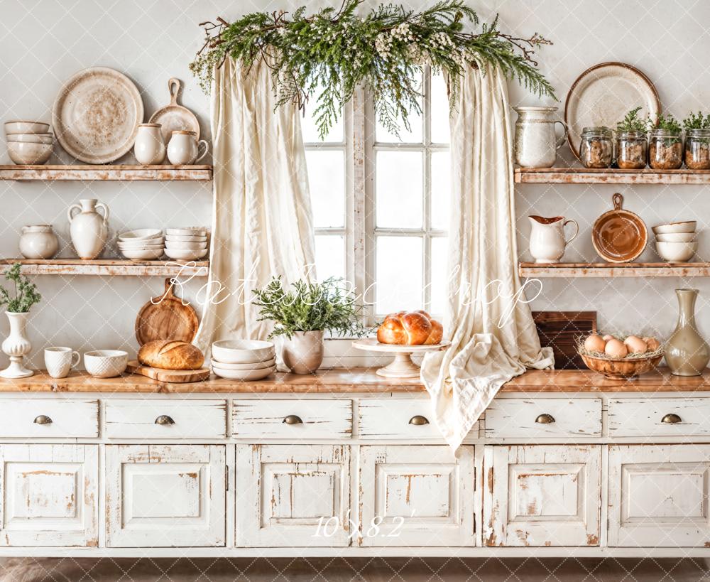 Kate Christmas Kitchen White Cabinet Plates Backdrop Designed by Emetselch - Kate Backdrop AU