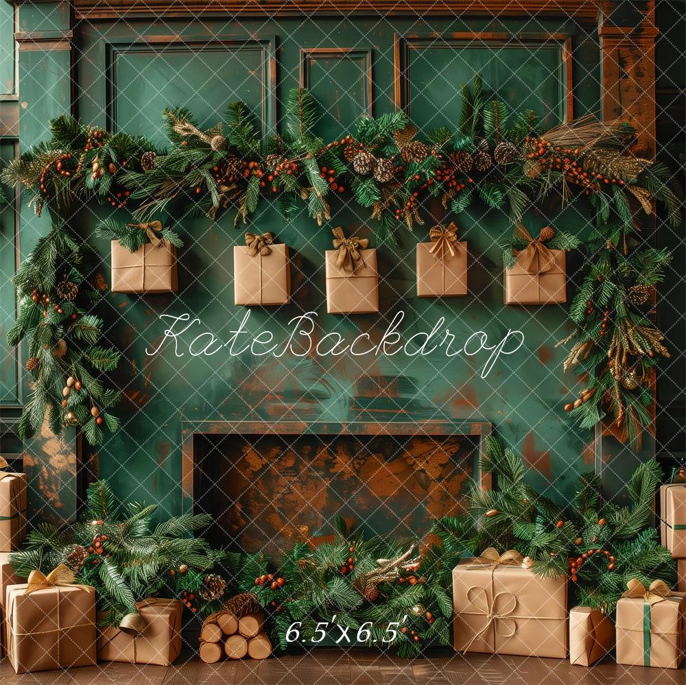 Kate Elegant Green Christmas Fireplace Backdrop Designed by Patty Robert - Kate Backdrop AU
