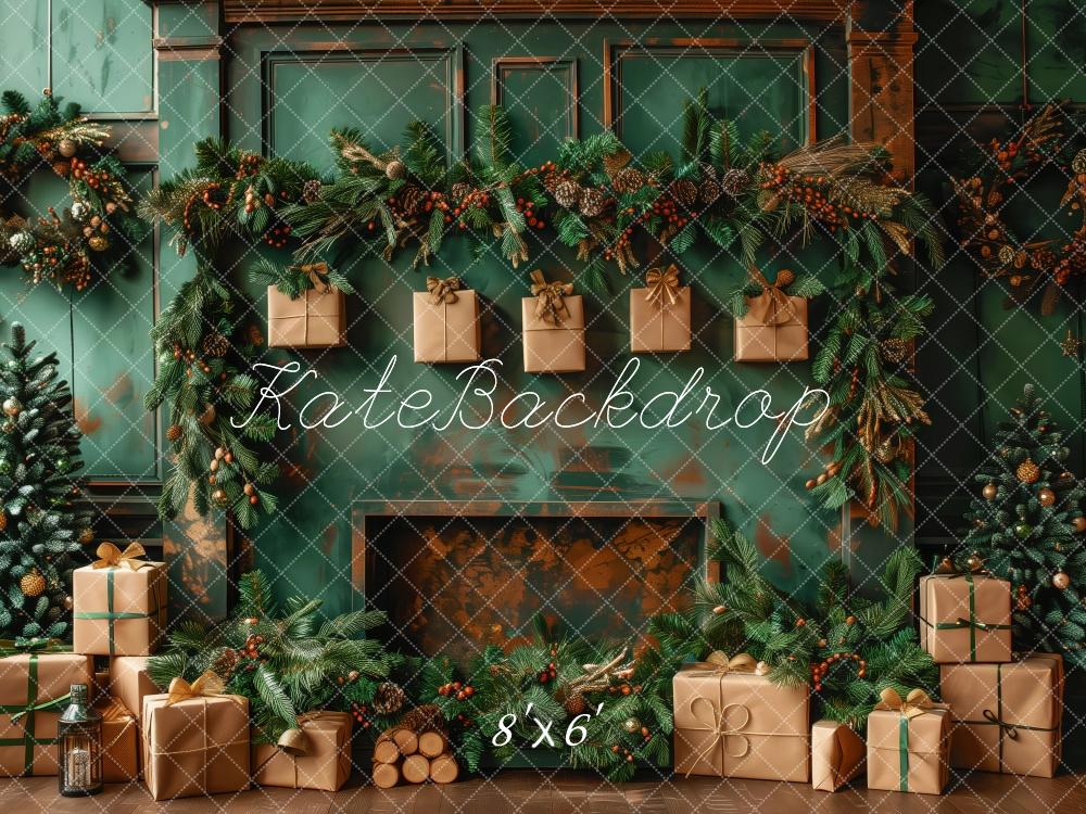 Kate Elegant Green Christmas Fireplace Backdrop Designed by Patty Robert - Kate Backdrop AU