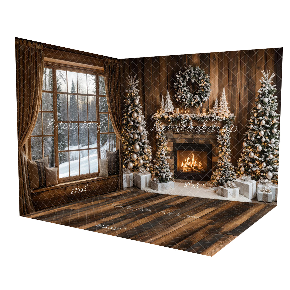 Kate Wood Christmas Window Fireplace Room Set(8ftx8ft&10ftx8ft&8ftx10ft) - Kate Backdrop AU