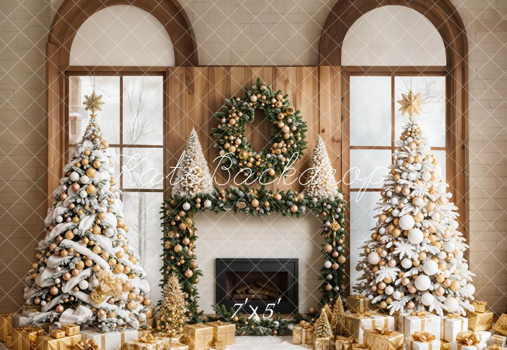 A festive Christmas-themed fabric backdrop featuring two decorated Christmas trees, a fireplace, and a wreath hanging on a wall, designed for use in photo studios.