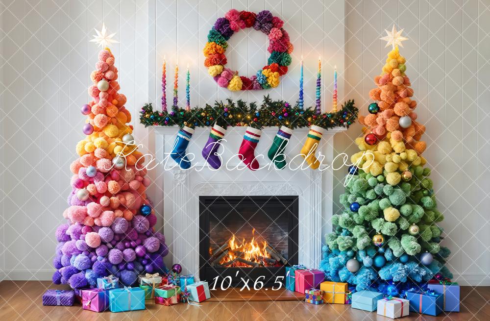 Kate Colorful Christmas Trees Fireplace Backdrop Designed by Emetselch - Kate Backdrop AU