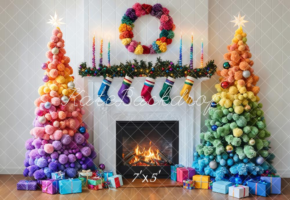 Kate Colorful Christmas Trees Fireplace Backdrop Designed by Emetselch - Kate Backdrop AU