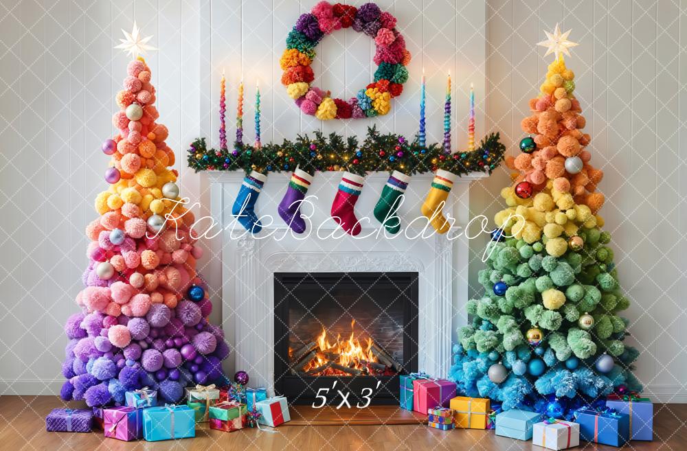 Kate Colorful Christmas Trees Fireplace Backdrop Designed by Emetselch - Kate Backdrop AU