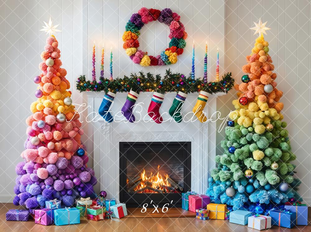 Kate Colorful Christmas Trees Fireplace Backdrop Designed by Emetselch - Kate Backdrop AU