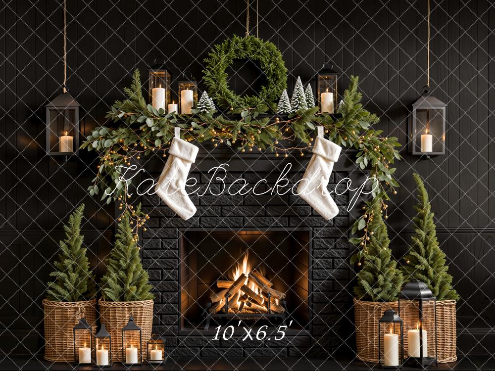Kate Christmas Tree Fireplace Black Wall Backdrop Designed by Emetselch - Kate Backdrop AU