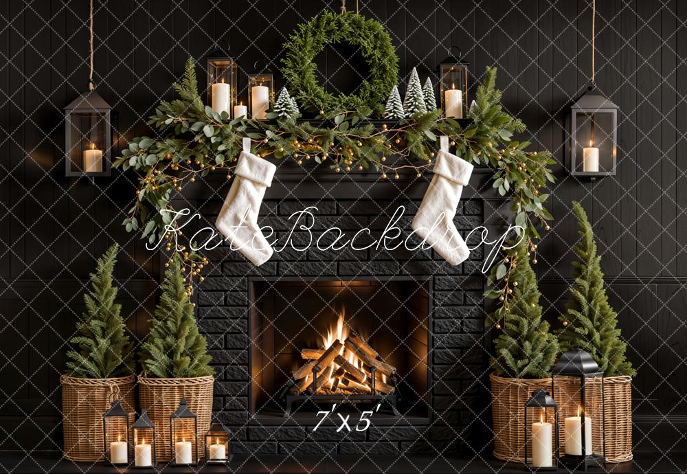 Kate Christmas Tree Fireplace Black Wall Backdrop Designed by Emetselch - Kate Backdrop AU
