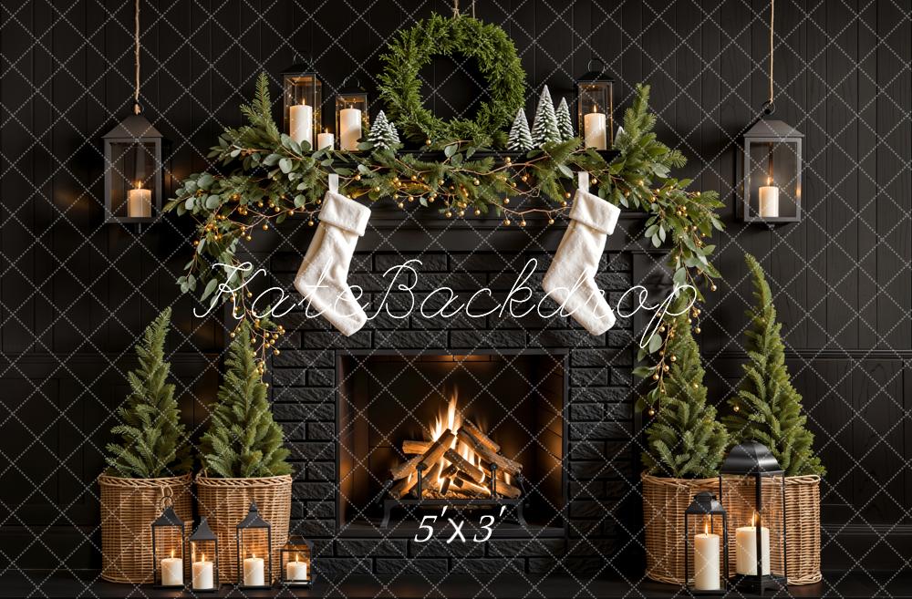 Kate Christmas Tree Fireplace Black Wall Backdrop Designed by Emetselch - Kate Backdrop AU