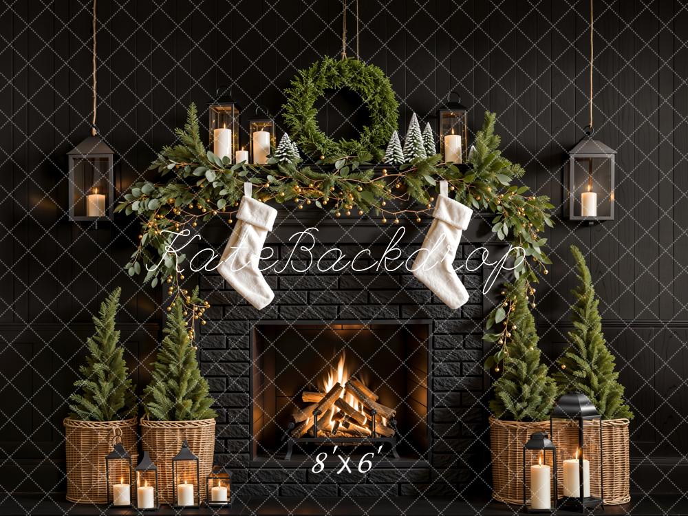 Kate Christmas Tree Fireplace Black Wall Backdrop Designed by Emetselch - Kate Backdrop AU