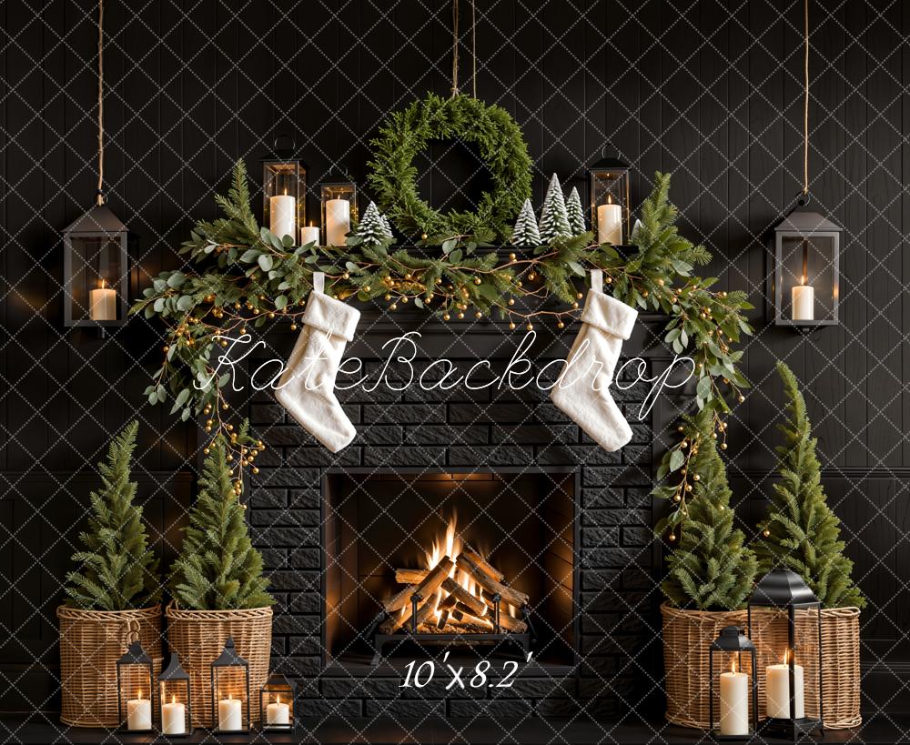 Kate Christmas Tree Fireplace Black Wall Backdrop Designed by Emetselch - Kate Backdrop AU