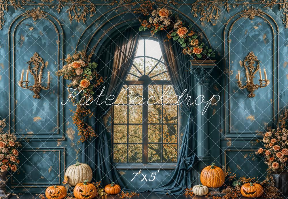 Kate Halloween Retro Blue Flower Window Backdrop Designed by Emetselch - Kate Backdrop AU