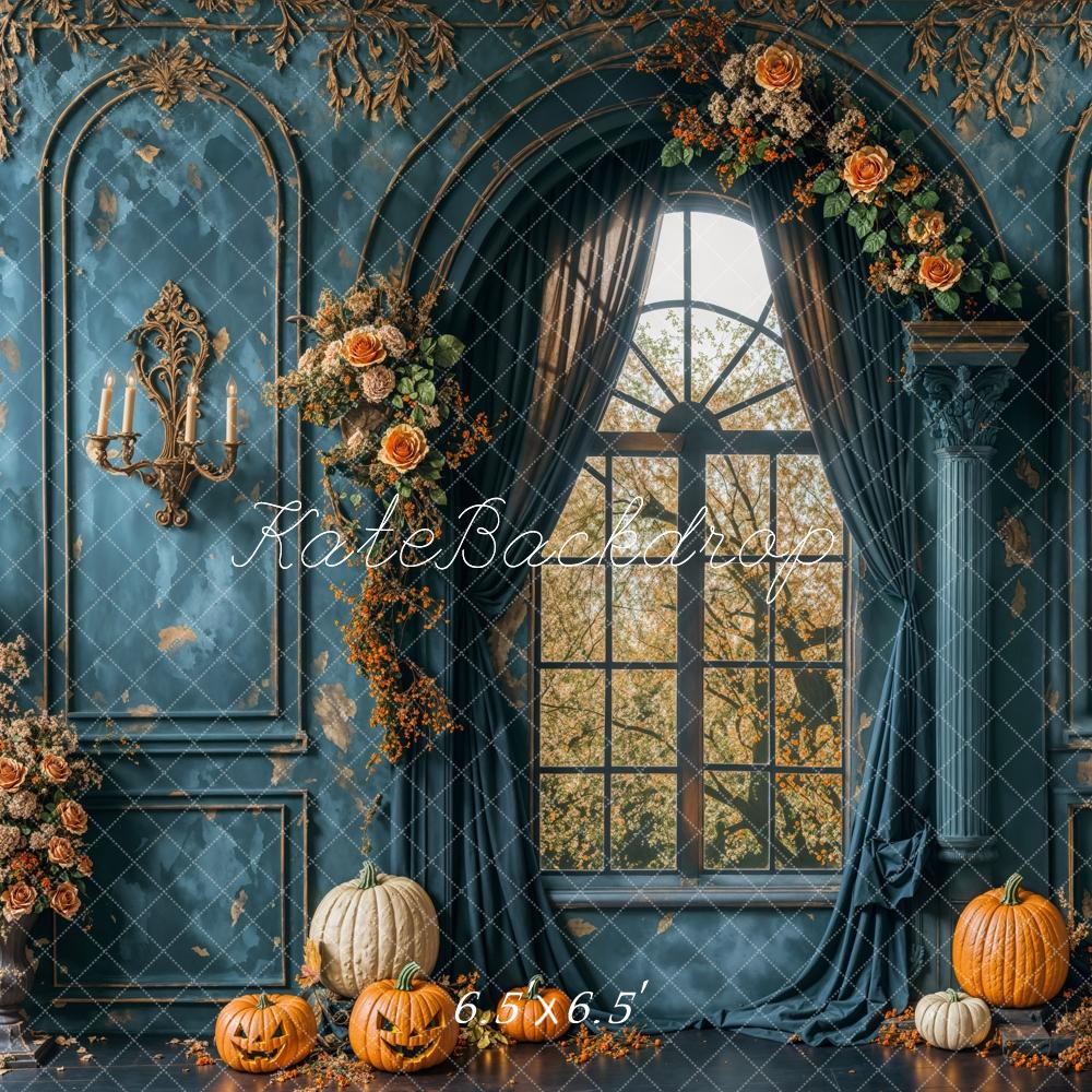 Kate Halloween Retro Blue Flower Window Backdrop Designed by Emetselch - Kate Backdrop AU