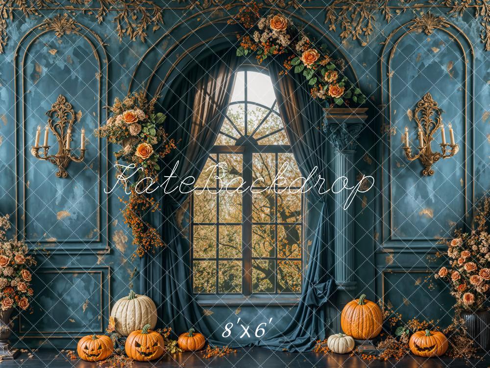 Kate Halloween Retro Blue Flower Window Backdrop Designed by Emetselch - Kate Backdrop AU