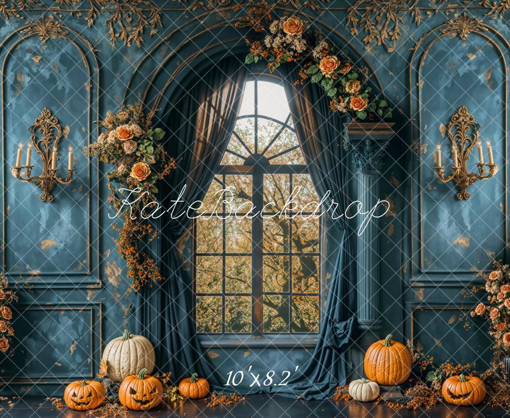Kate Halloween Retro Blue Flower Window Backdrop Designed by Emetselch - Kate Backdrop AU