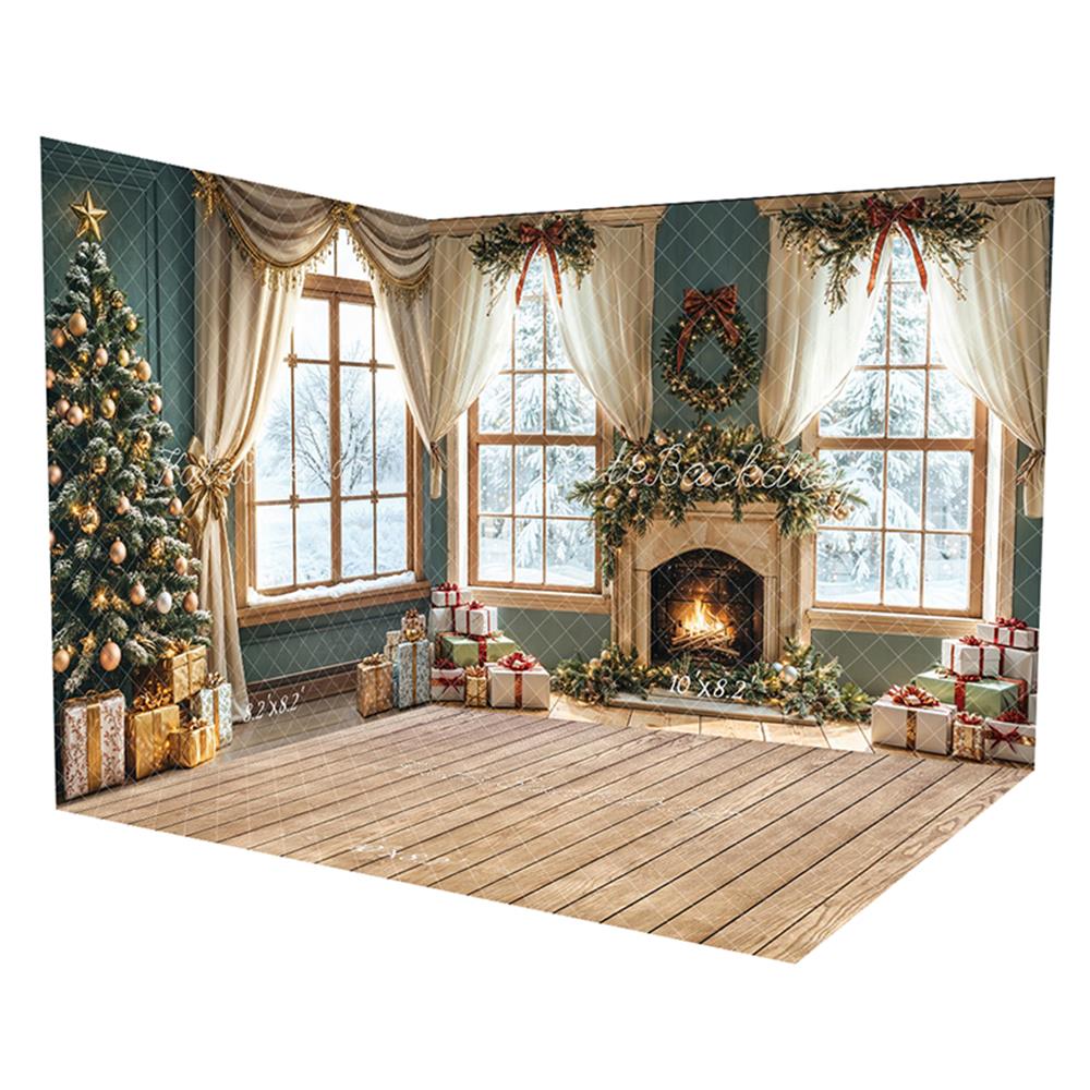 Kate Christmas Fireplace Gifts Window Room Set(8ftx8ft&10ftx8ft&8ftx10ft) - Kate Backdrop AU