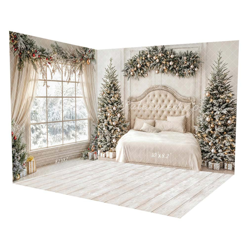 Kate Christmas Tree Headboard Upholstered Bedroom White Curtains Room Set(8ftx8ft&10ftx8ft&8ftx10ft) - Kate Backdrop AU