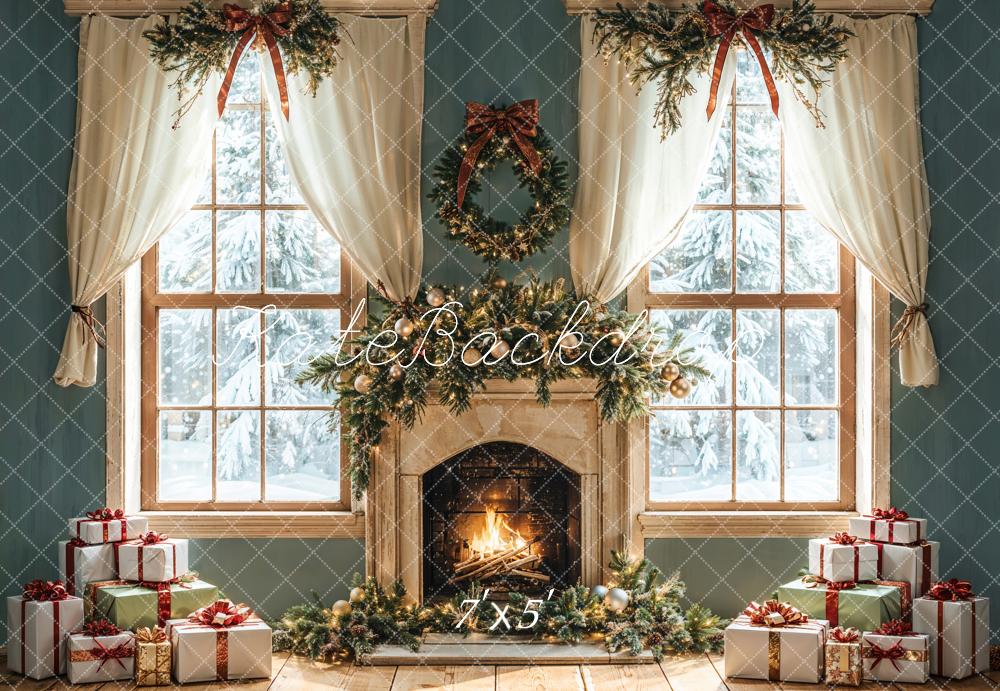 Kate Christmas Fireplace Gifts Window Backdrop Designed by Emetselch - Kate Backdrop AU