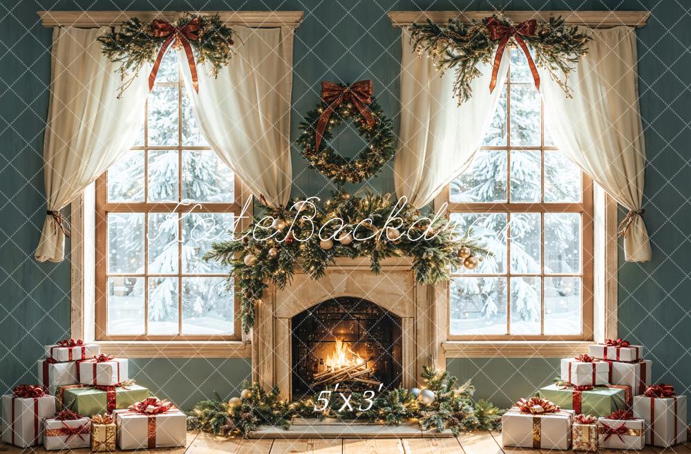 Kate Christmas Fireplace Gifts Window Backdrop Designed by Emetselch - Kate Backdrop AU