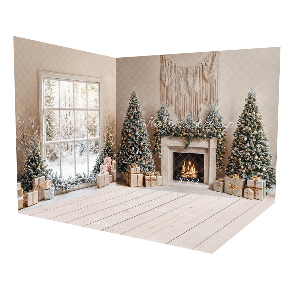 Kate Winter Window Christmas Fireplace Boho Room Set(8ftx8ft&10ftx8ft&8ftx10ft) - Kate Backdrop AU