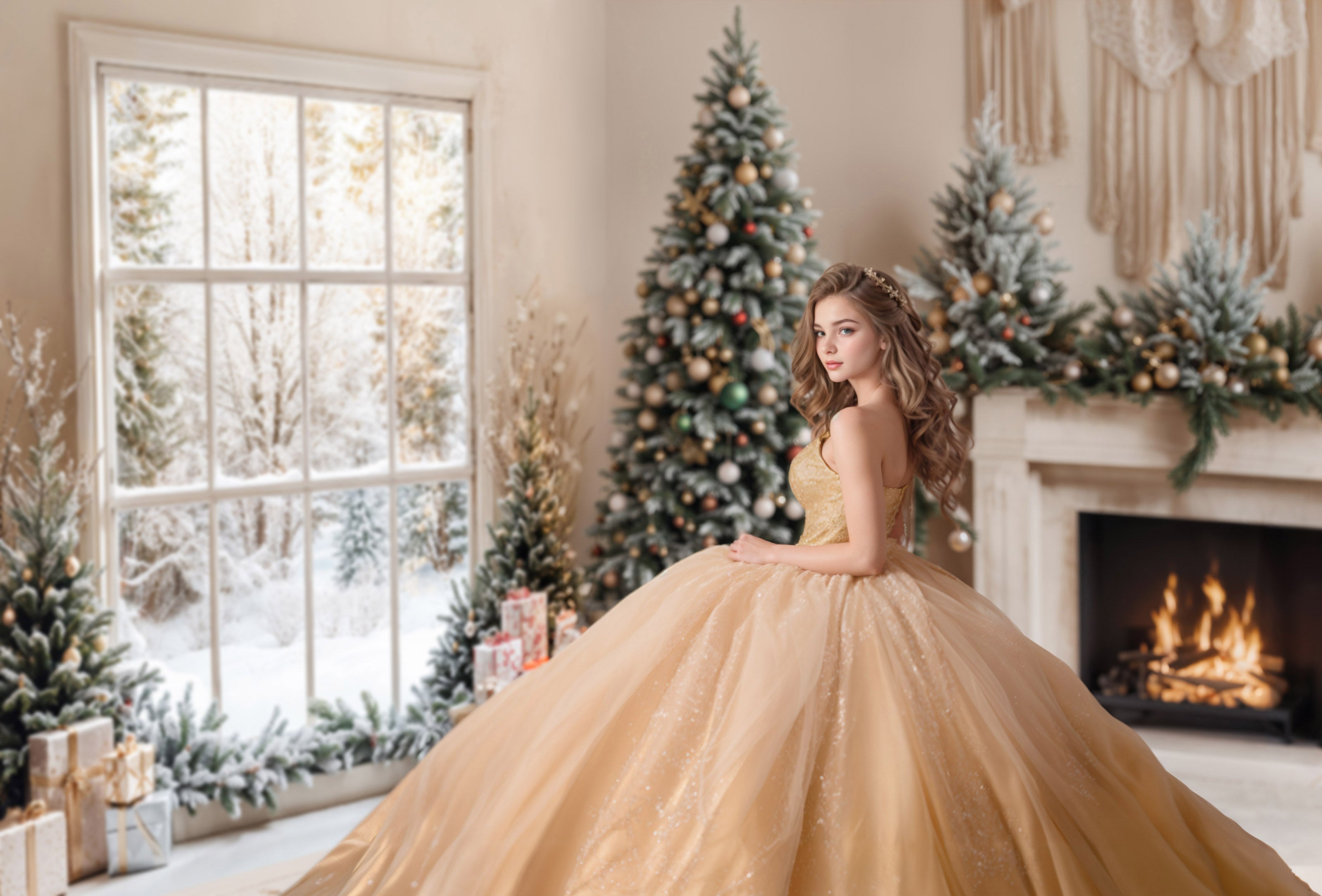 Kate Winter Window Christmas Fireplace Boho Room Set(8ftx8ft&10ftx8ft&8ftx10ft) - Kate Backdrop AU