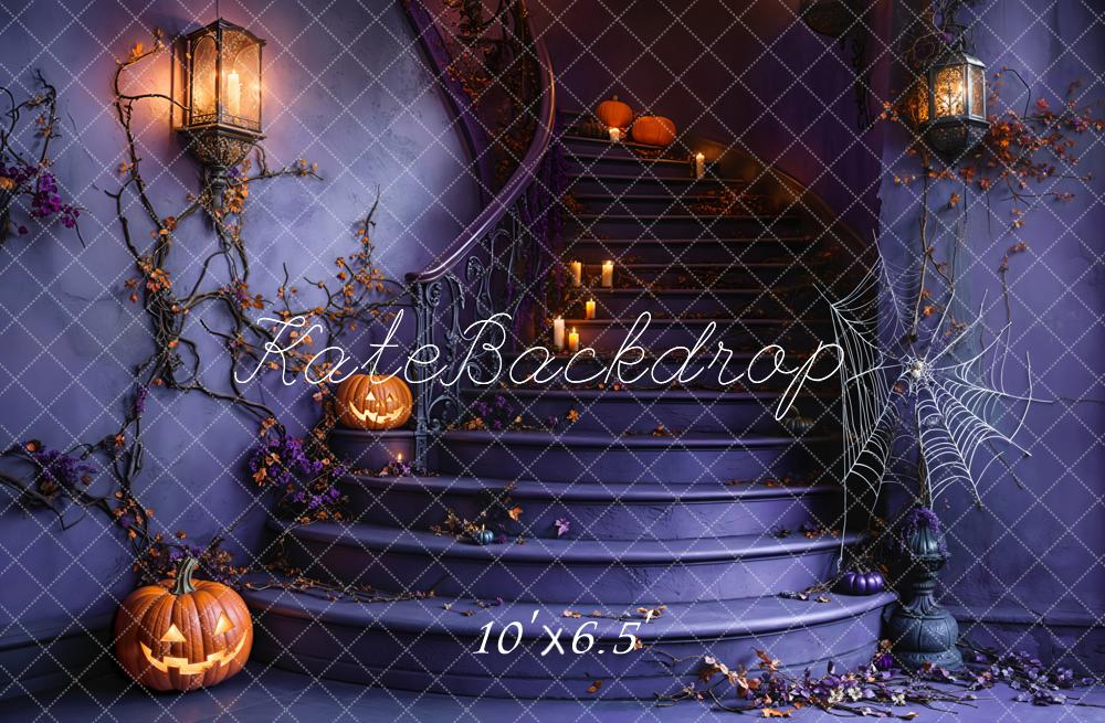 Kate Halloween Staircase Pumpkin Spider Web Backdrop Designed by Emetselch - Kate Backdrop AU