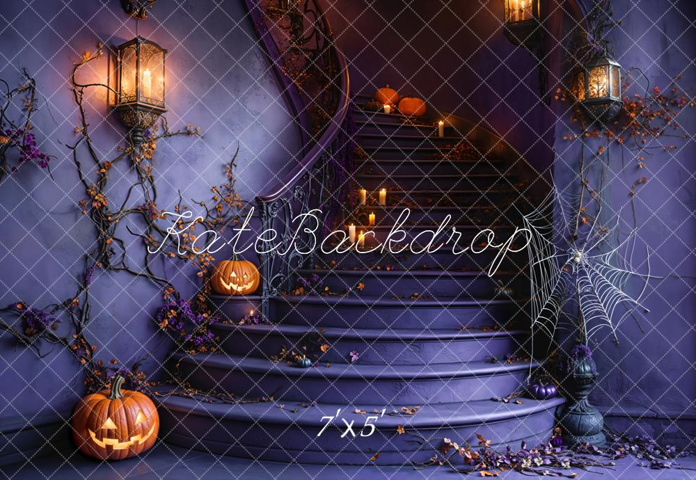Kate Halloween Staircase Pumpkin Spider Web Backdrop Designed by Emetselch - Kate Backdrop AU