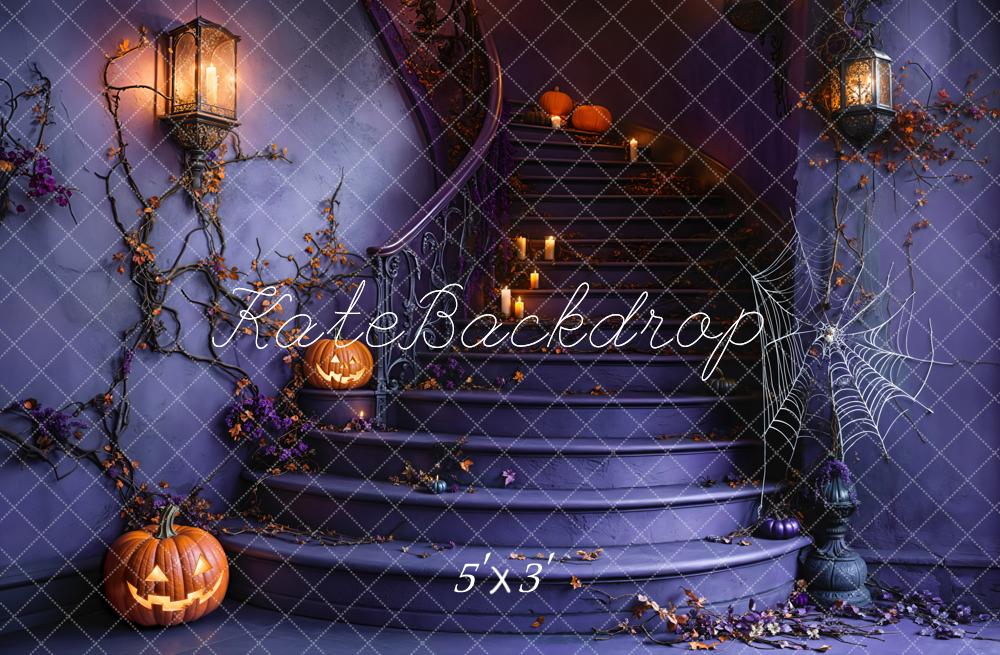 Kate Halloween Staircase Pumpkin Spider Web Backdrop Designed by Emetselch - Kate Backdrop AU
